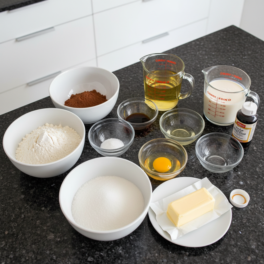 red-velvet-cupcakes-ingredients Various ingredients like flour, sugar, cocoa powder, and buttermilk for red velvet cupcakes laid out.