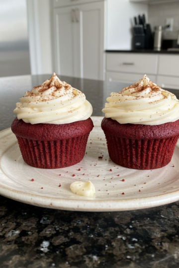 Fluffy red velvet cupcakes with creamy white frosting on a cooling rack, ready to enjoy.