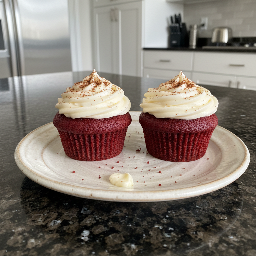 Fluffy red velvet cupcakes with creamy white frosting on a cooling rack, ready to enjoy.