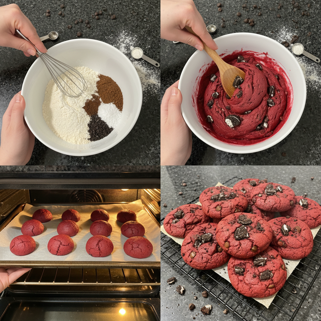 red-velvet-oreo-cookies-dough-scooping Scooping vibrant red velvet cookie dough, studded with crushed Oreo pieces, onto a baking sheet, preparing these Red Velvet Oreo Cookies.