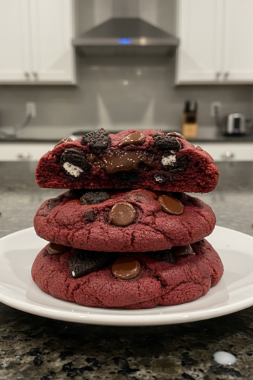 A stack of vibrant red velvet Oreo cookies, some with a visible white cream filling, dusted with powdered sugar. These Red Velvet Oreo Cookies look irresistible.