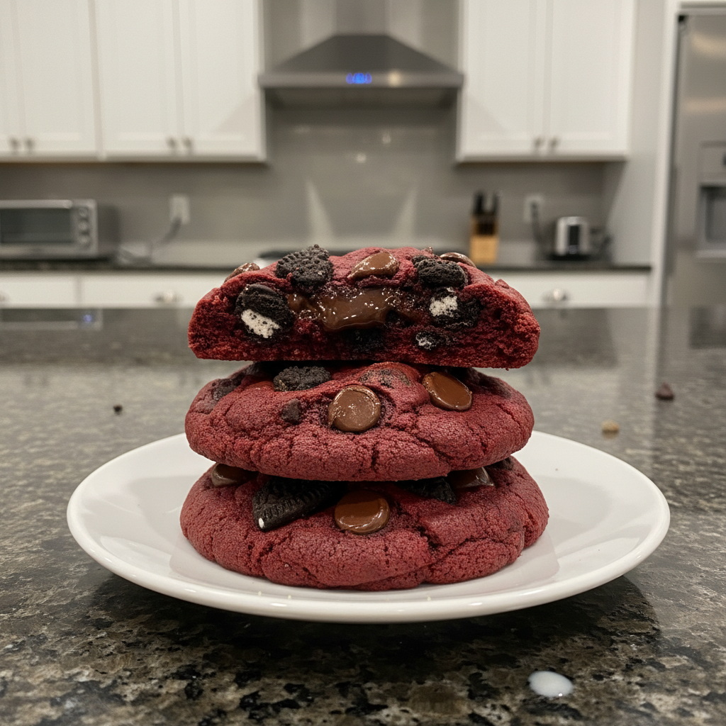 A stack of vibrant red velvet Oreo cookies, some with a visible white cream filling, dusted with powdered sugar. These Red Velvet Oreo Cookies look irresistible.
