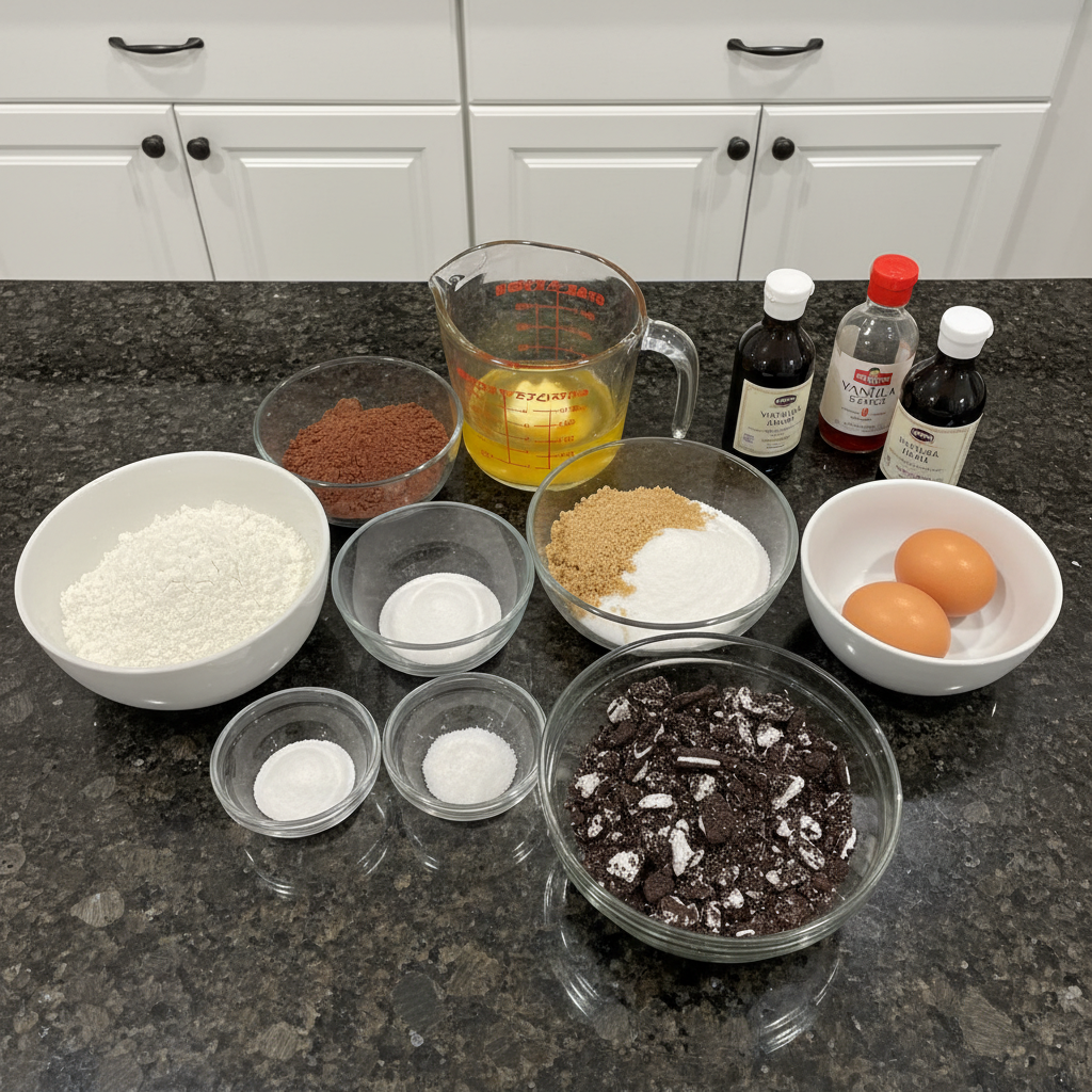 red-velvet-oreo-cookies-ingredients Ingredients for Red Velvet Oreo Cookies laid out: flour, sugar, cocoa, butter, eggs, vanilla, red food coloring, and a package of Oreos.