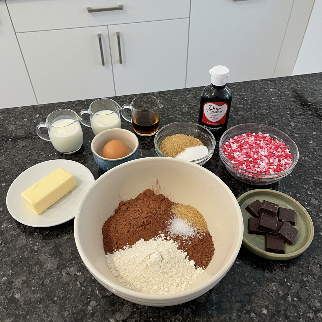 red-velvet-valentines-day-cookies-ingredients Ingredients for red velvet valentines day cookies laid out on a kitchen counter, including flour, sugar, cocoa, and heart sprinkles.