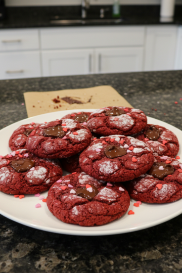 A plate of festive red velvet valentines day cookies, decorated with cream cheese frosting and sprinkles.