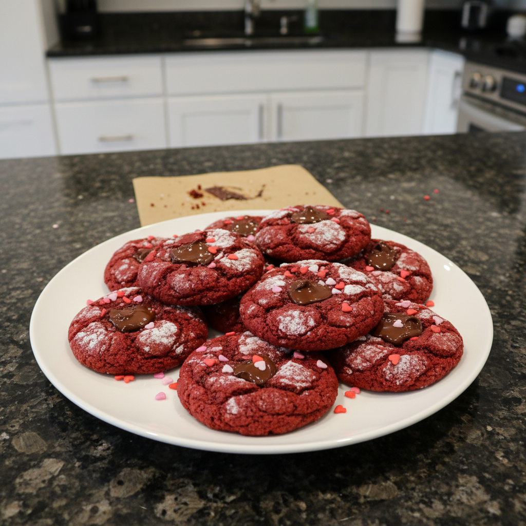A plate of festive red velvet valentines day cookies, decorated with cream cheese frosting and sprinkles.