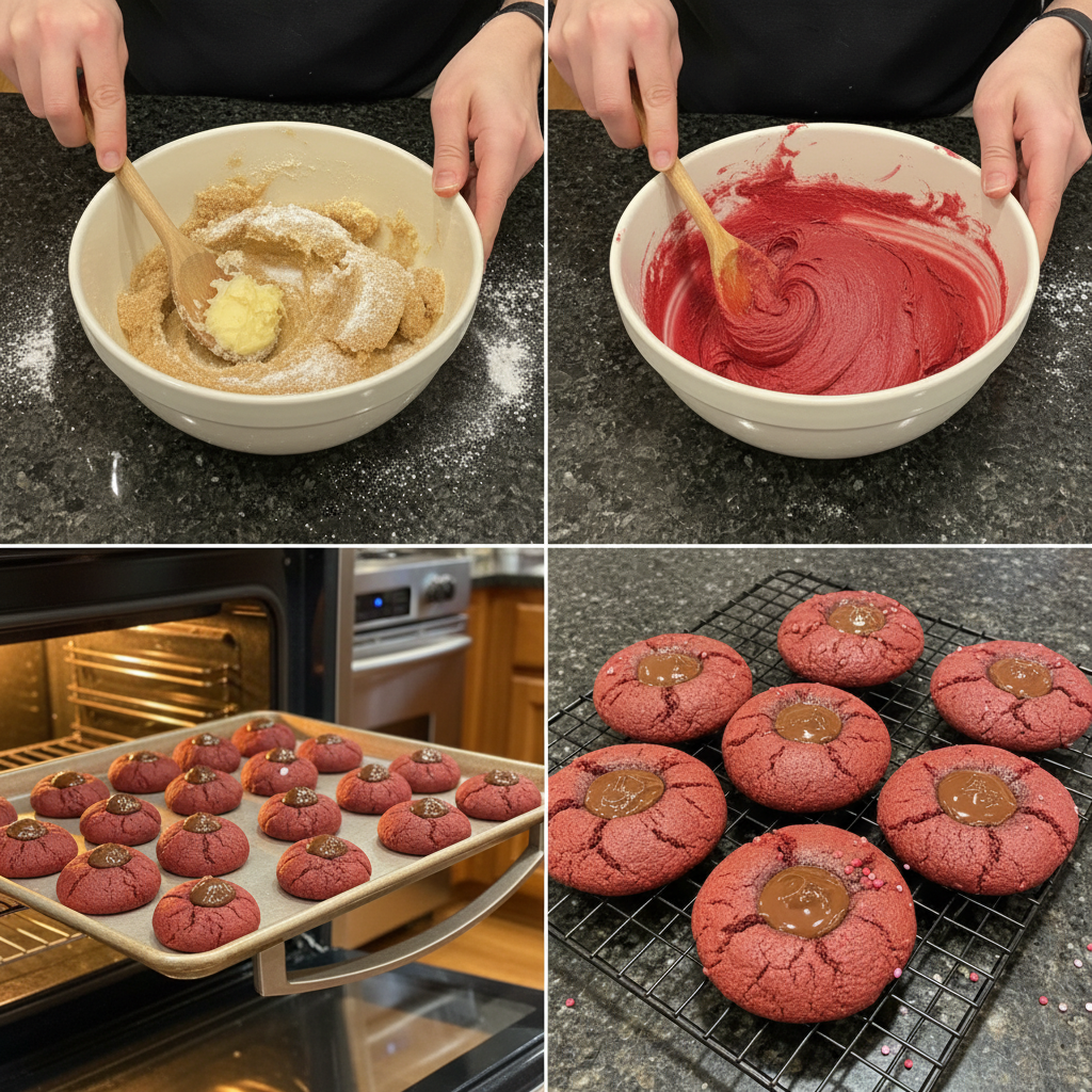 red-velvet-valentines-day-cookies-prep-step Hands rolling dough for red velvet valentines day cookies on a floured surface, with heart-shaped cutters nearby.