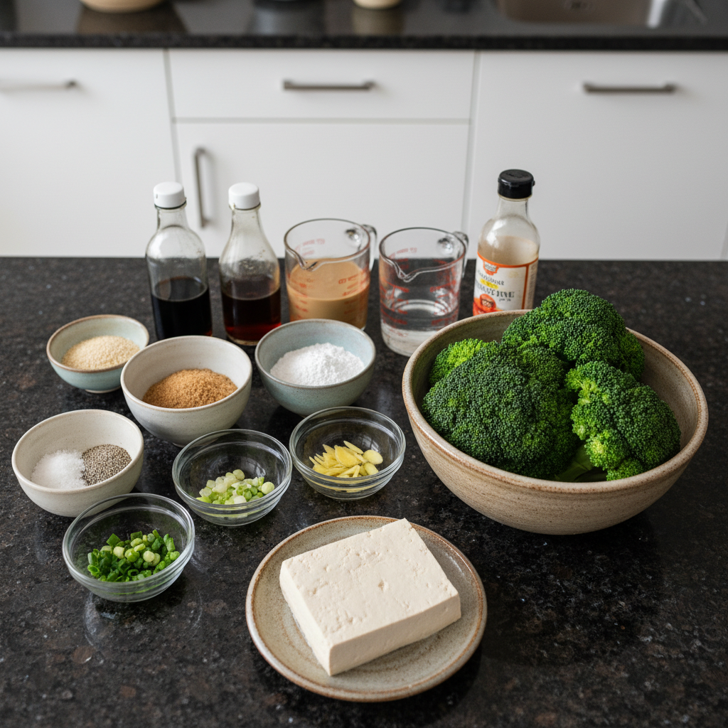 sesame-tofu-broccoli-ingredients Fresh ingredients for sesame tofu and broccoli, including firm tofu, broccoli florets, soy sauce, sesame oil, and ginger.