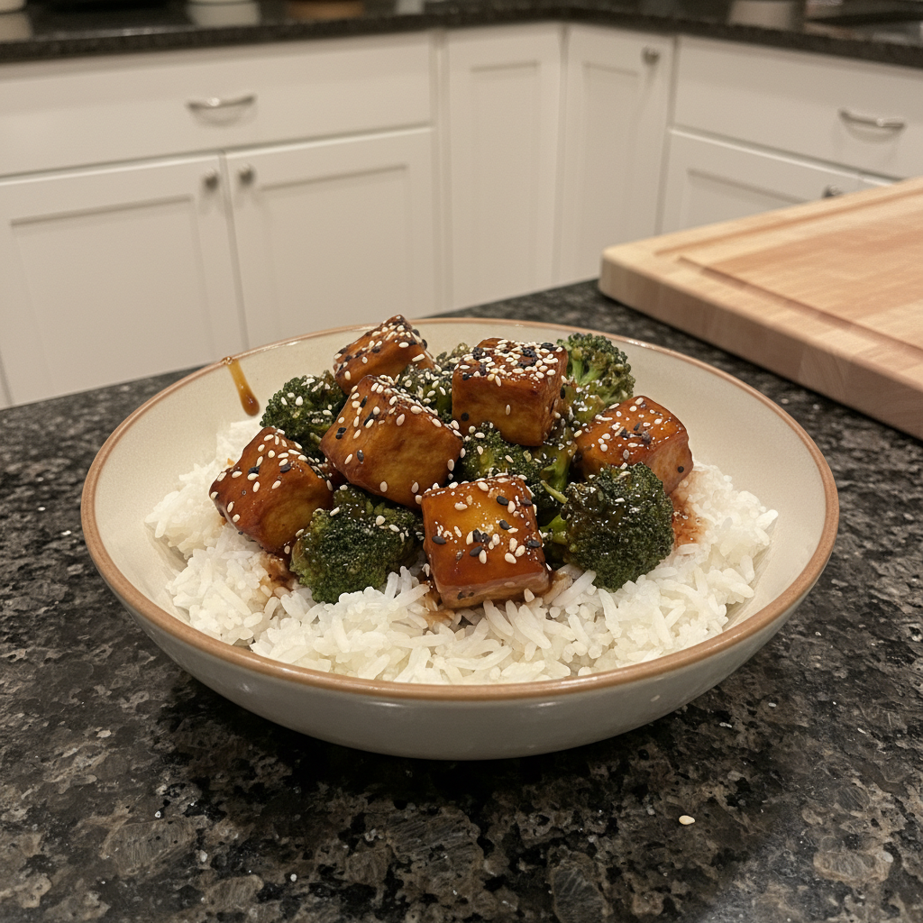 A vibrant plate of golden pan-fried sesame tofu and crisp broccoli florets, garnished with sesame seeds.