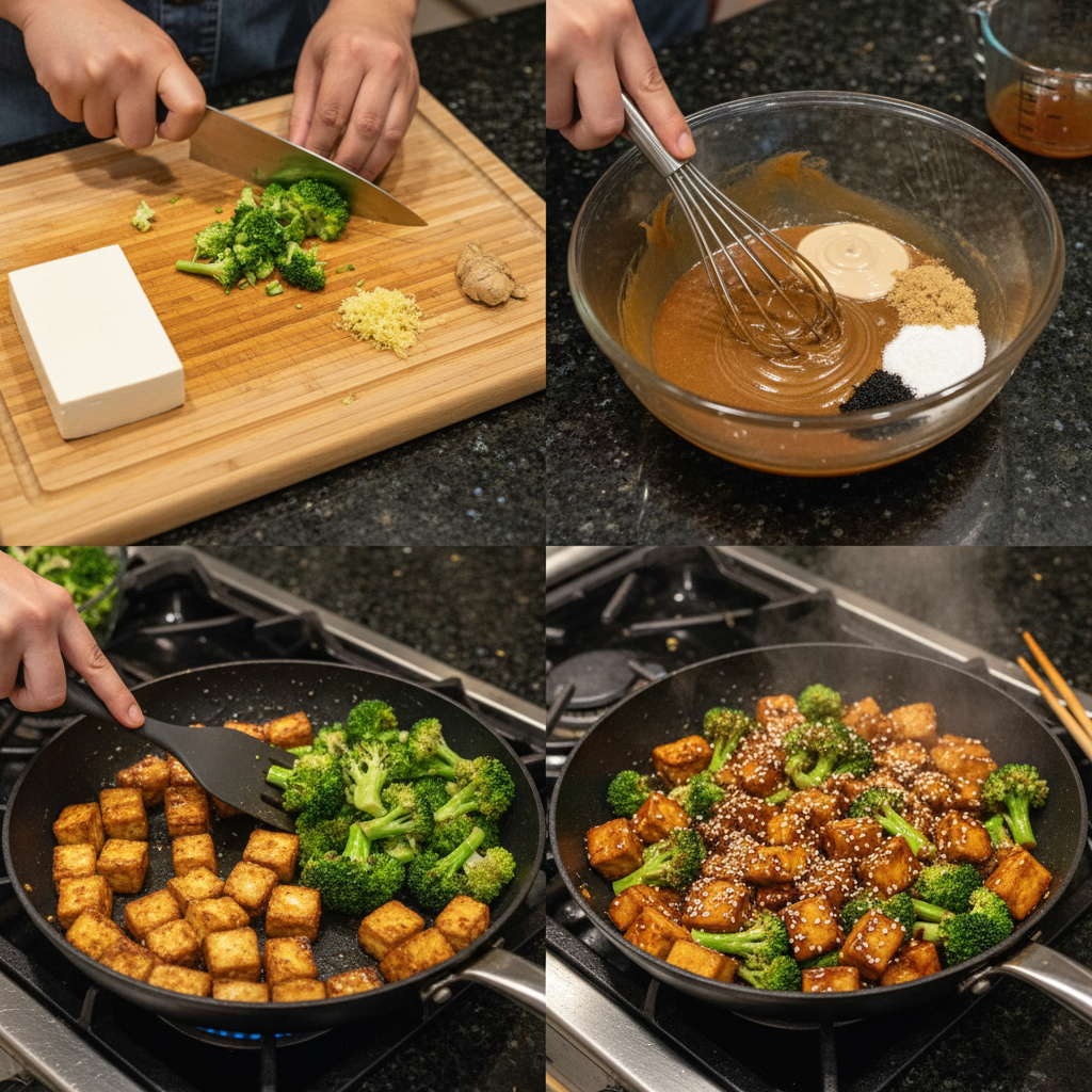 sesame-tofu-broccoli-prep-cooking Tofu cubes sizzling in a hot pan, turning golden brown, as part of the sesame tofu and broccoli recipe preparation.