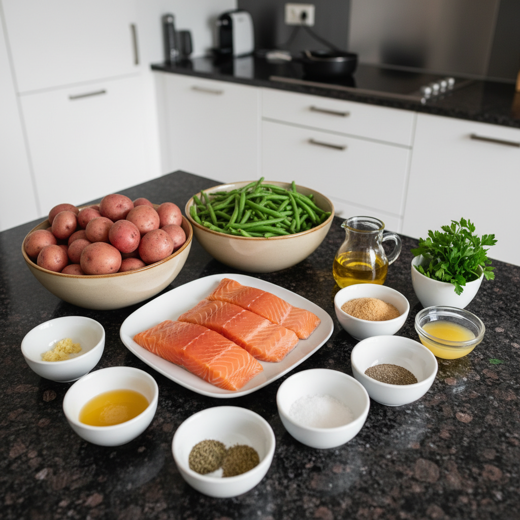 sheet-pan-garlic-butter-salmon-ingredients Fresh raw ingredients for sheet-pan garlic butter salmon, including salmon fillets, butter, garlic, lemon, and asparagus.