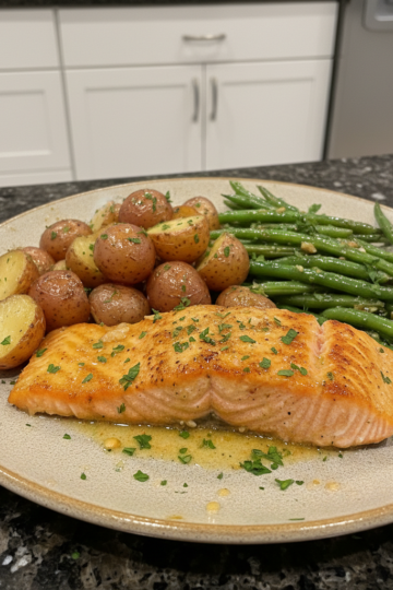 A beautifully flaky sheet-pan garlic butter salmon fillet served with roasted asparagus and lemon wedges.