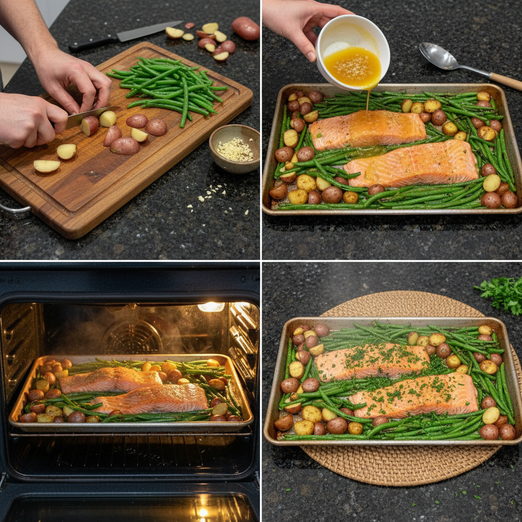 sheet-pan-garlic-butter-salmon-prep-step Salmon fillets being arranged on a baking sheet with chopped garlic, pats of butter, and fresh herbs for sheet-pan garlic butter salmon.