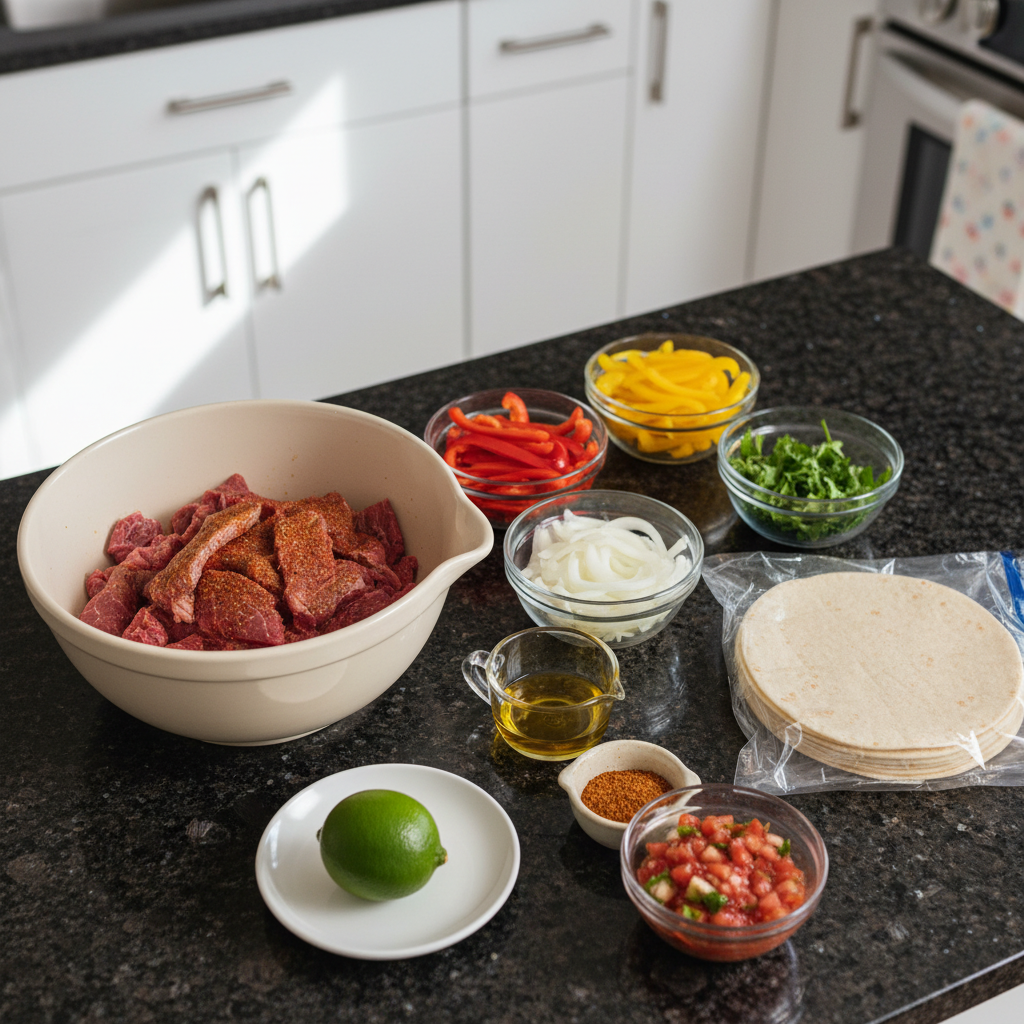 sheet-pan-steak-fajitas-ingredients Fresh ingredients for Sheet-Pan Steak Fajitas, including sliced steak, colorful bell peppers, onions, and spices, neatly arranged.