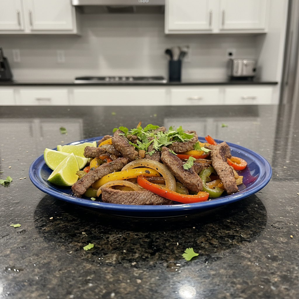 A vibrant sheet pan full of sizzling Sheet-Pan Steak Fajitas with colorful peppers and onions, ready to serve.