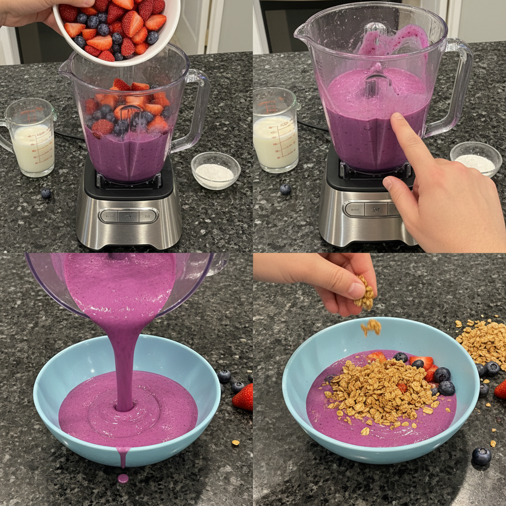 smoothie-bowl-recipe-blending-prep Blending frozen fruit and liquid in a high-speed blender for a creamy smoothie bowl recipe base.