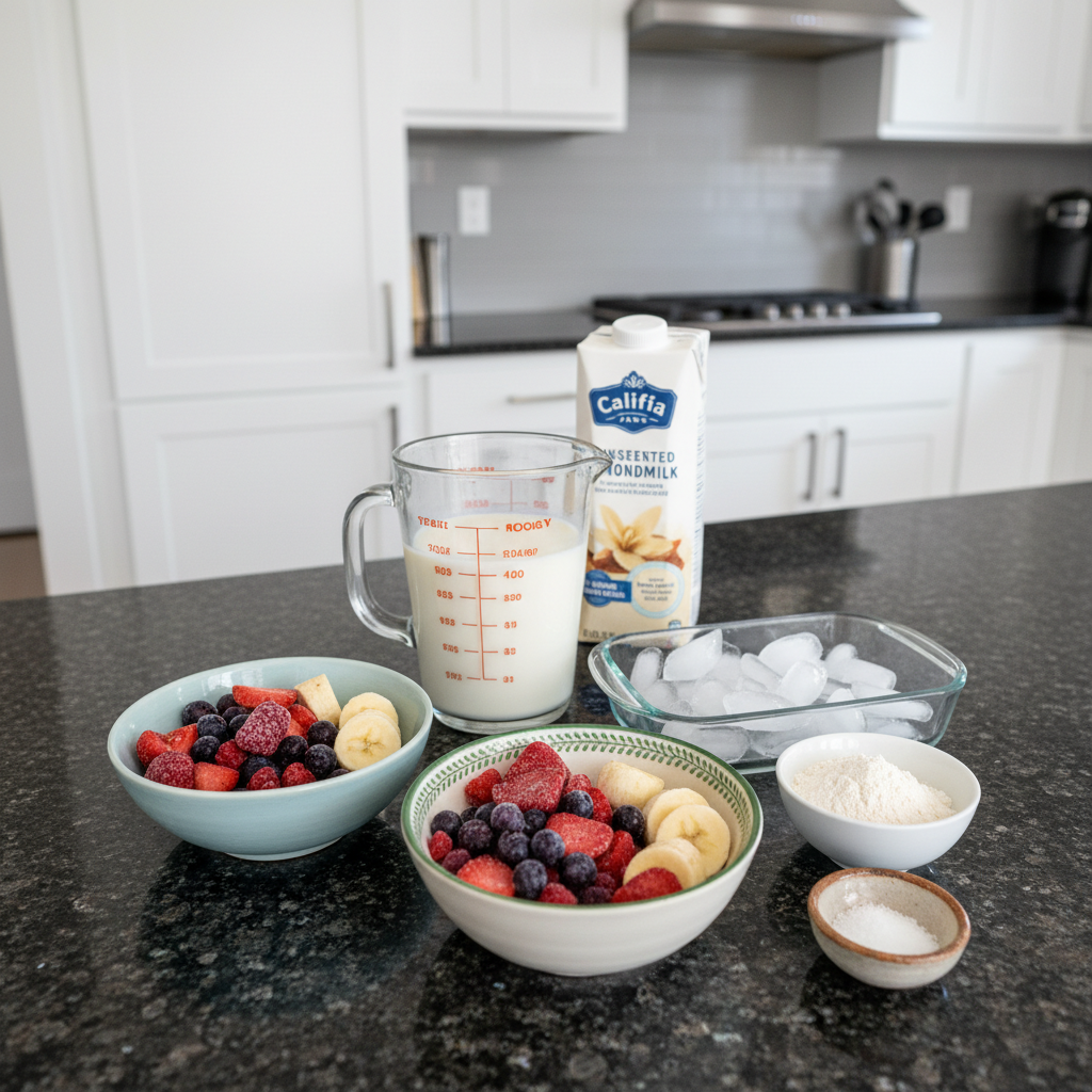 smoothie-bowl-recipe-ingredients-list Fresh ingredients like mixed berries, banana, spinach, and almond milk laid out for a smoothie bowl recipe.