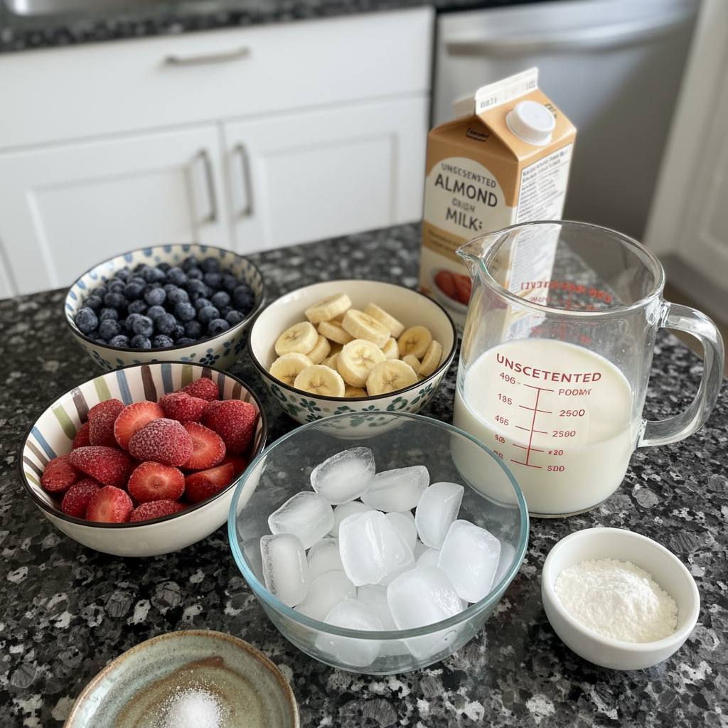 smoothie-bowl-recipe-ingredients Fresh ingredients for a healthy smoothie bowl recipe, including berries, banana, almond milk, and various toppings.