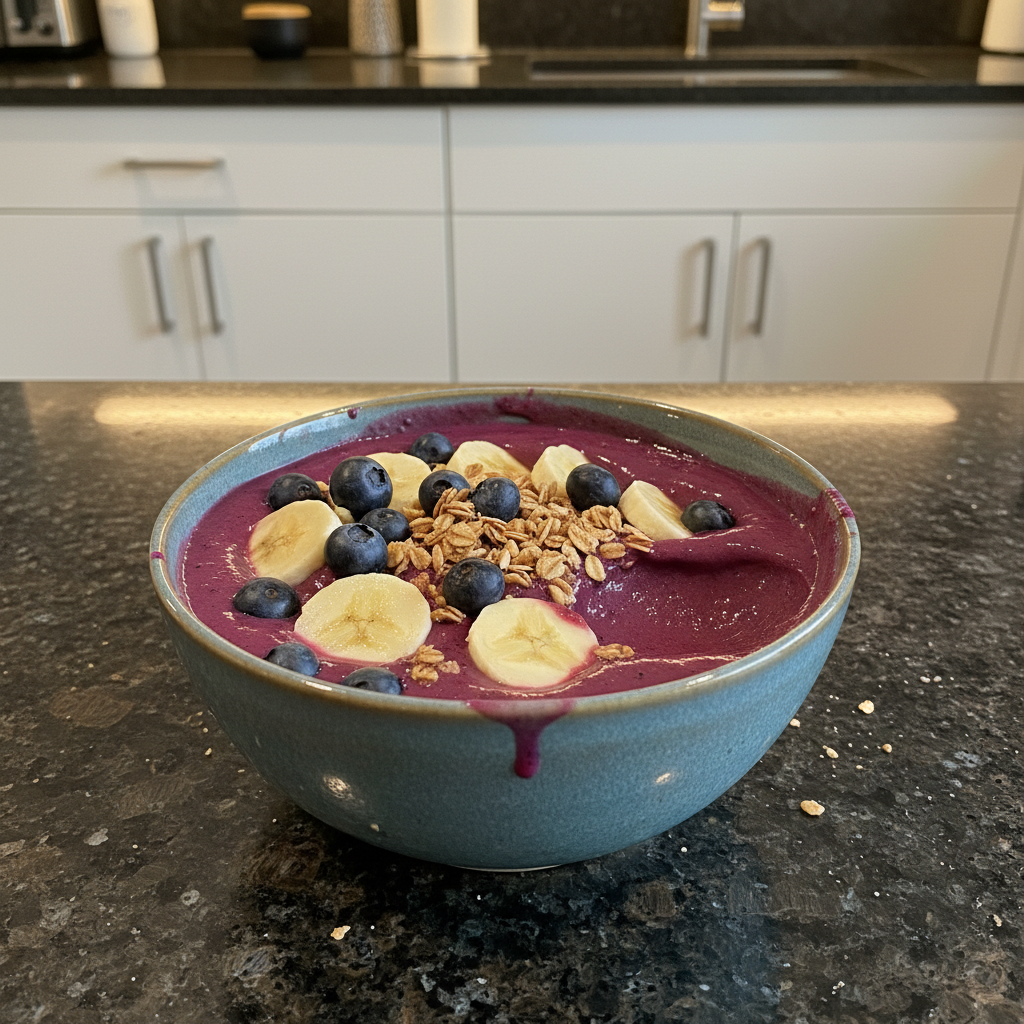 A vibrant, thick smoothie bowl recipe topped with fresh berries, banana slices, and granola, ready to eat.