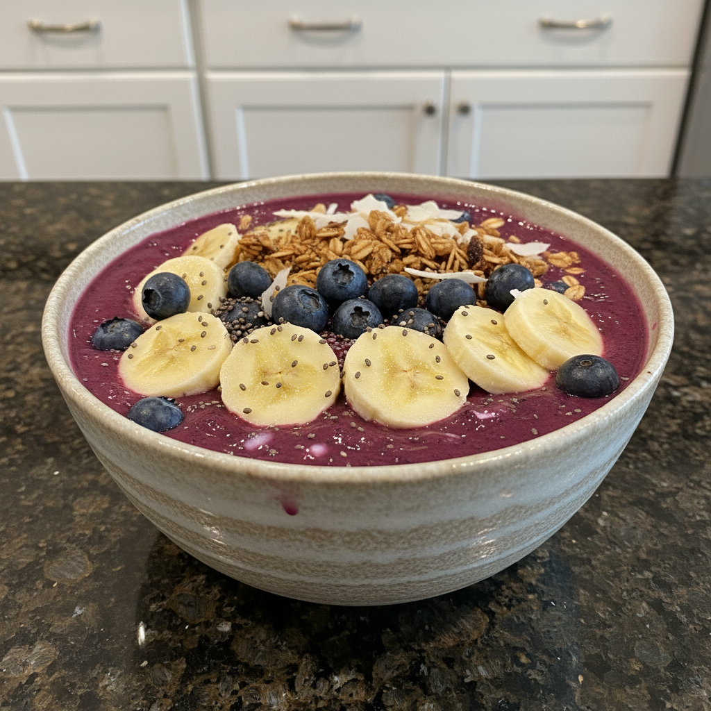 A vibrant berry smoothie bowl recipe topped with fresh fruit, granola, and coconut flakes, ready to enjoy.