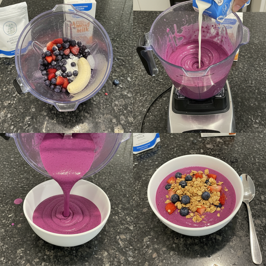 smoothie-bowl-recipe-prep-blending Blending frozen fruit and liquid in a blender, a key step in making a thick smoothie bowl recipe.