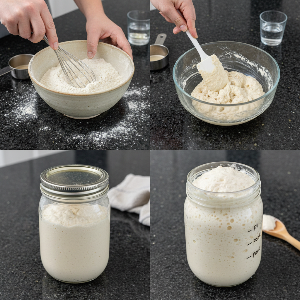 sourdough-bread-starter-prep-mixing Hands gently stirring flour and water in a glass jar, demonstrating the crucial first step for a sourdough bread starter.