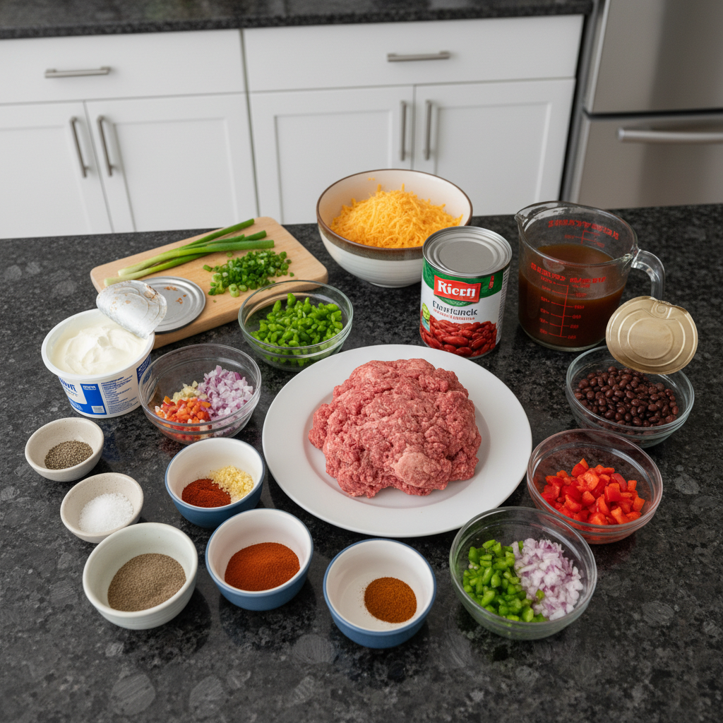 spicy-chili-recipe-ingredients Fresh ingredients like chopped tomatoes, various chili peppers, ground beef, and spices laid out for a spicy chili recipe.