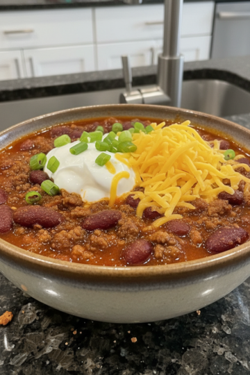 A steaming bowl of hearty spicy chili recipe, garnished with fresh cilantro and a dollop of sour cream, ready to be enjoyed.