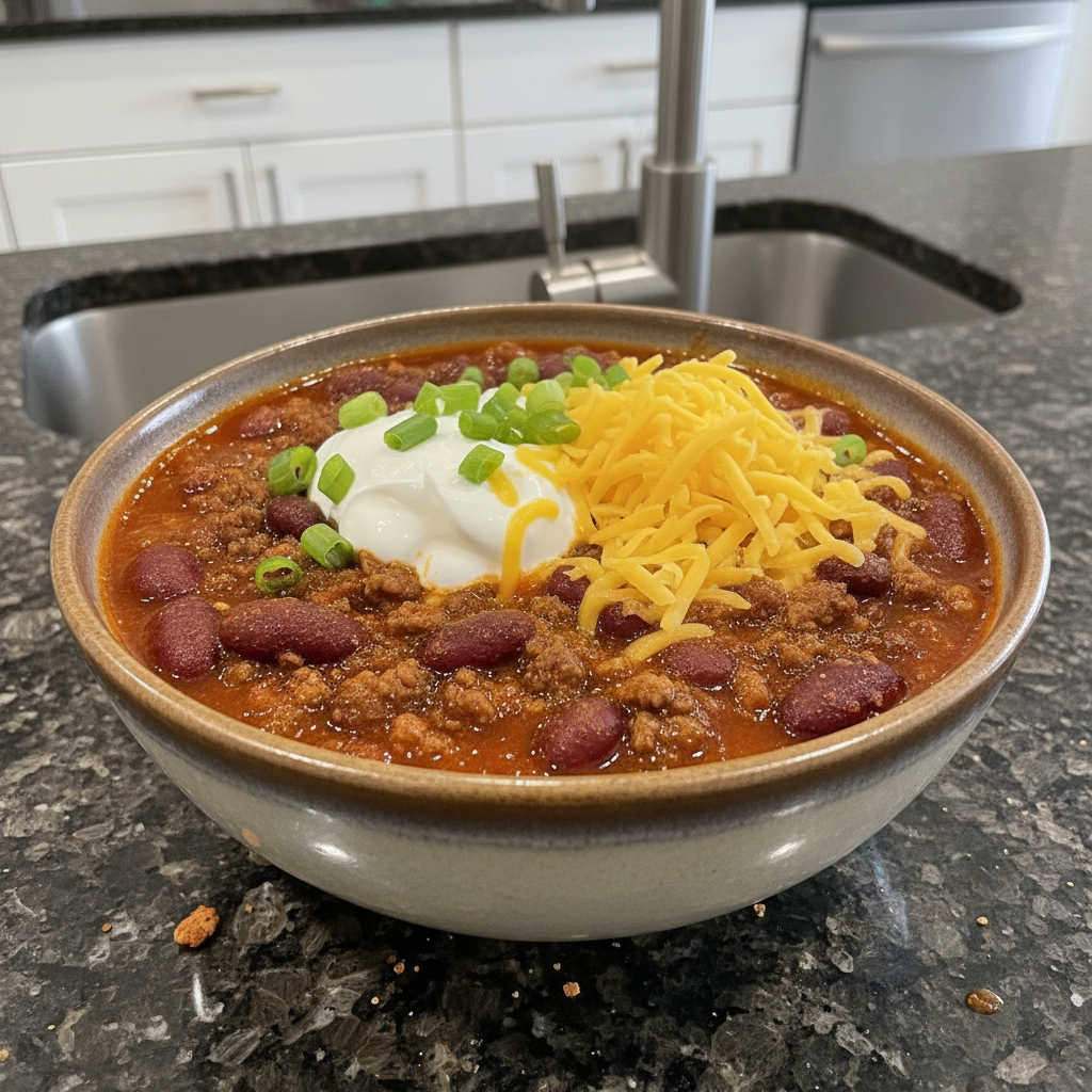 A steaming bowl of hearty spicy chili recipe, garnished with fresh cilantro and a dollop of sour cream, ready to be enjoyed.