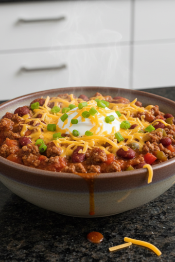 A steaming bowl of spicy chili recipe garnished with fresh cilantro and a dollop of sour cream on a wooden table.