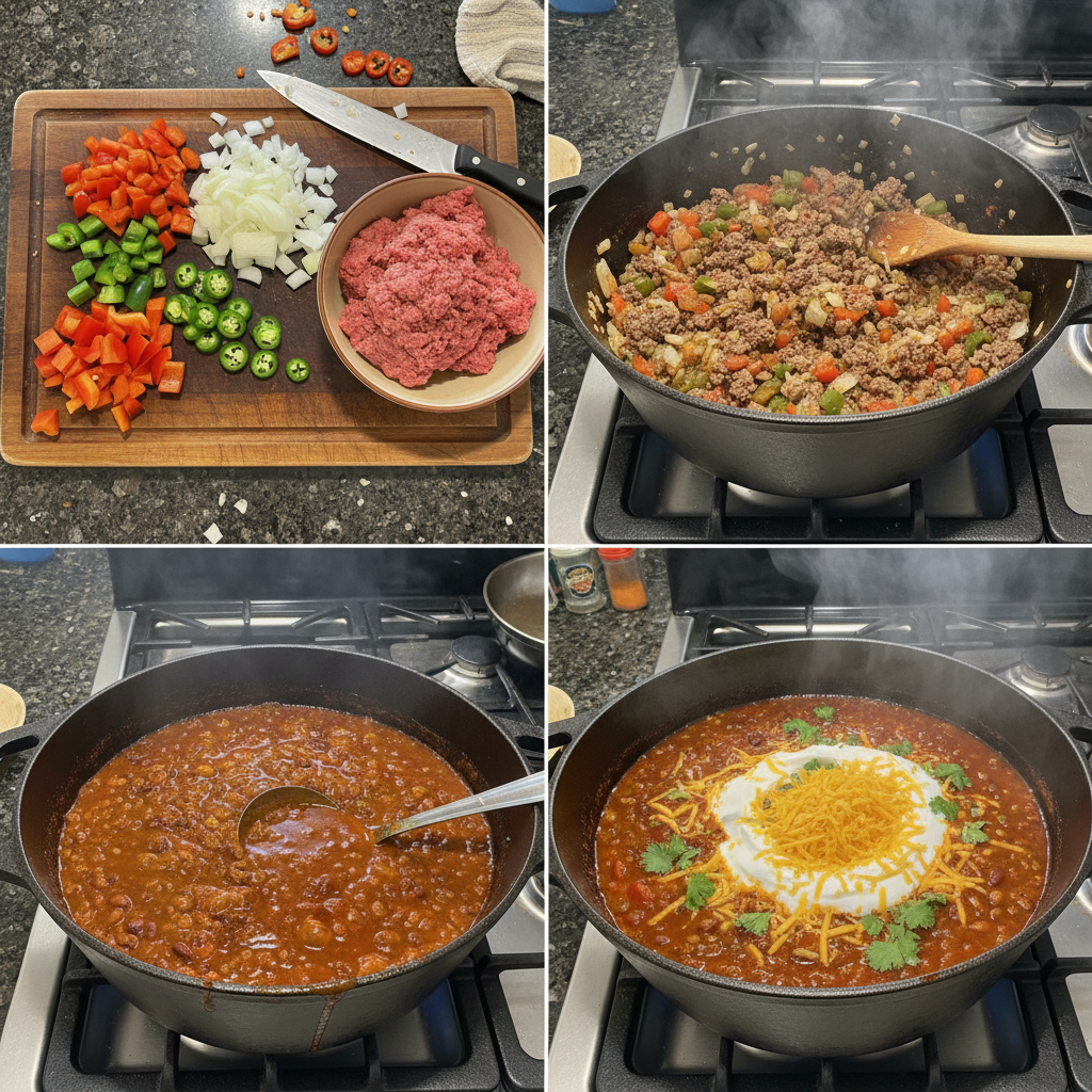 spicy-chili-recipe-prep-cooking A person stirring a bubbling pot of spicy chili recipe on the stovetop, halfway through cooking.
