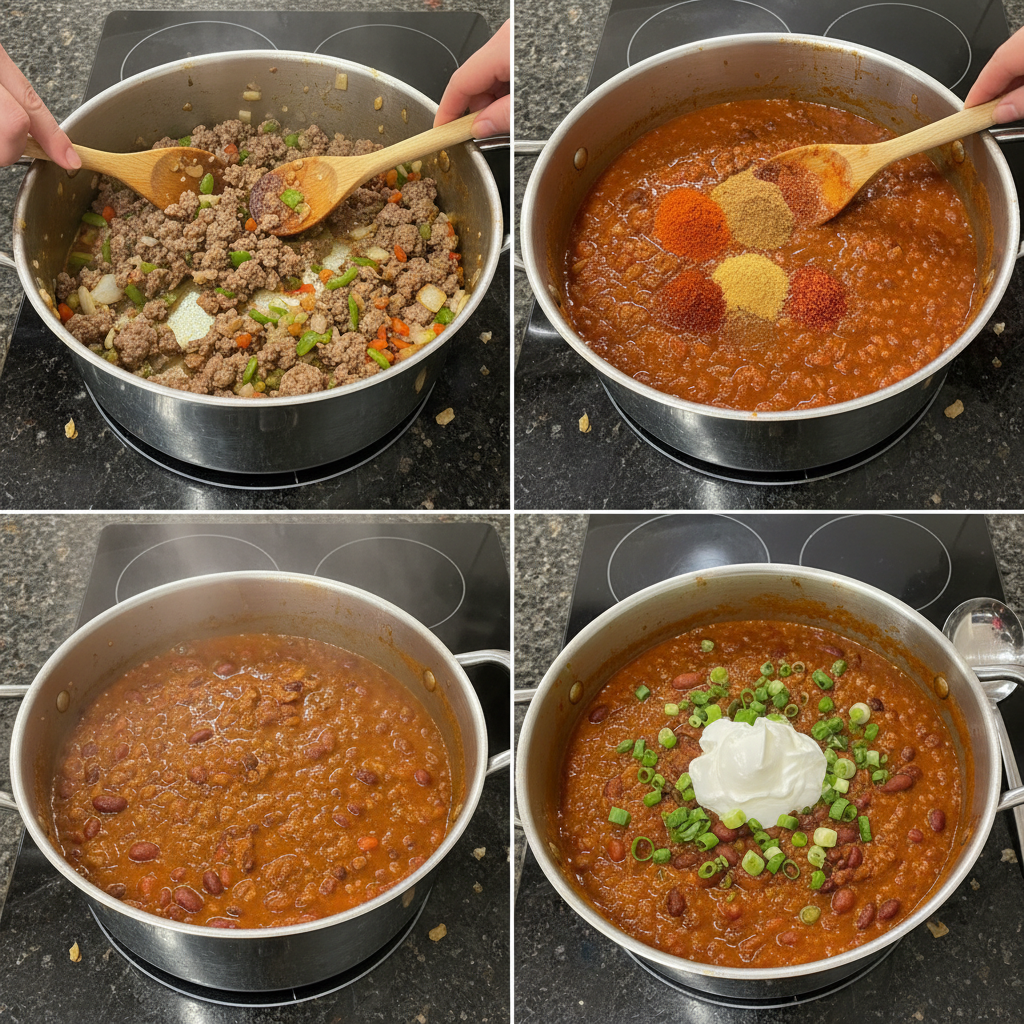 spicy-chili-recipe-prep-step Sautéing onions and ground beef in a large pot, a key step in preparing a spicy chili recipe.