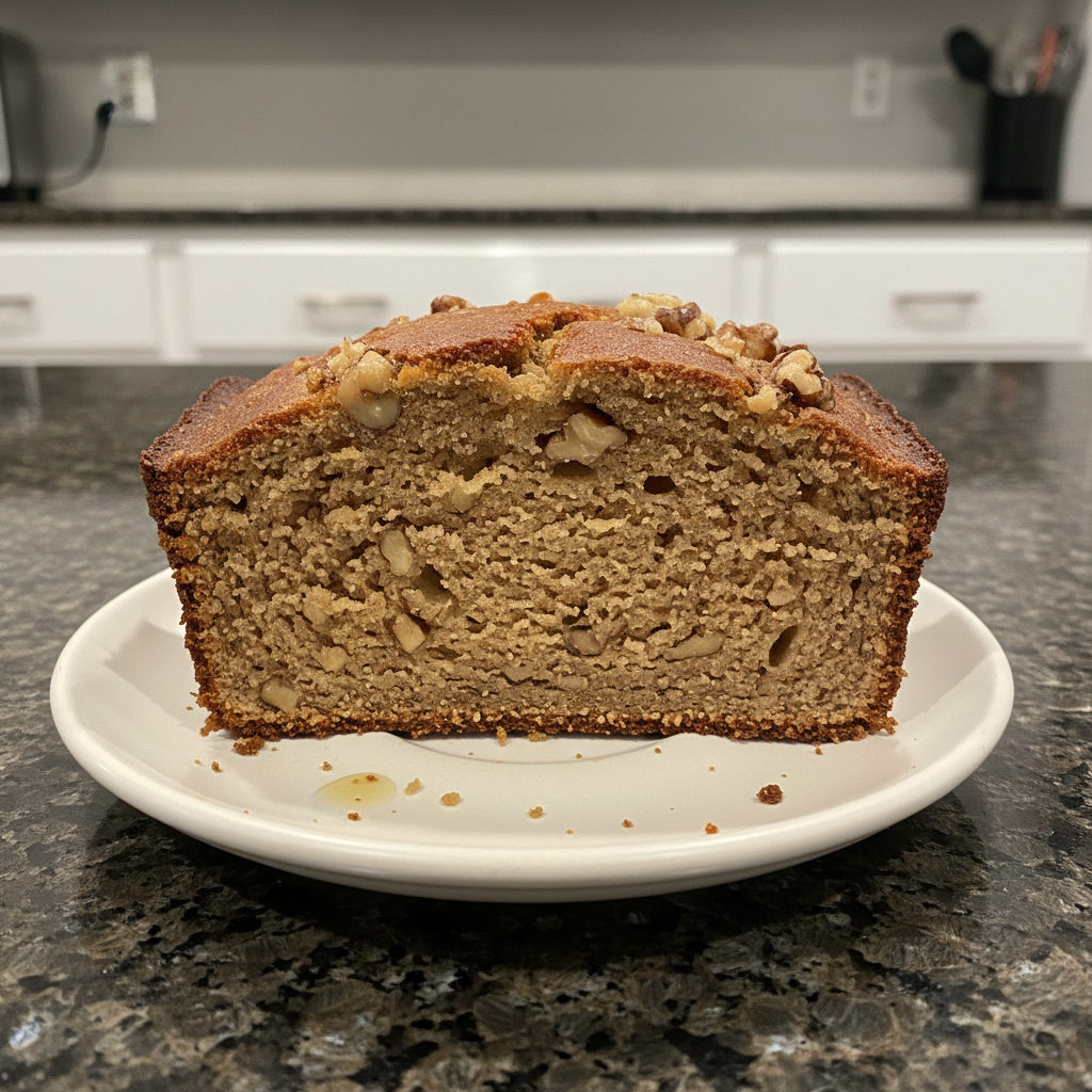 A perfectly baked loaf of Starbucks Banana Bread Copycat, sliced and ready to enjoy on a rustic wooden board.