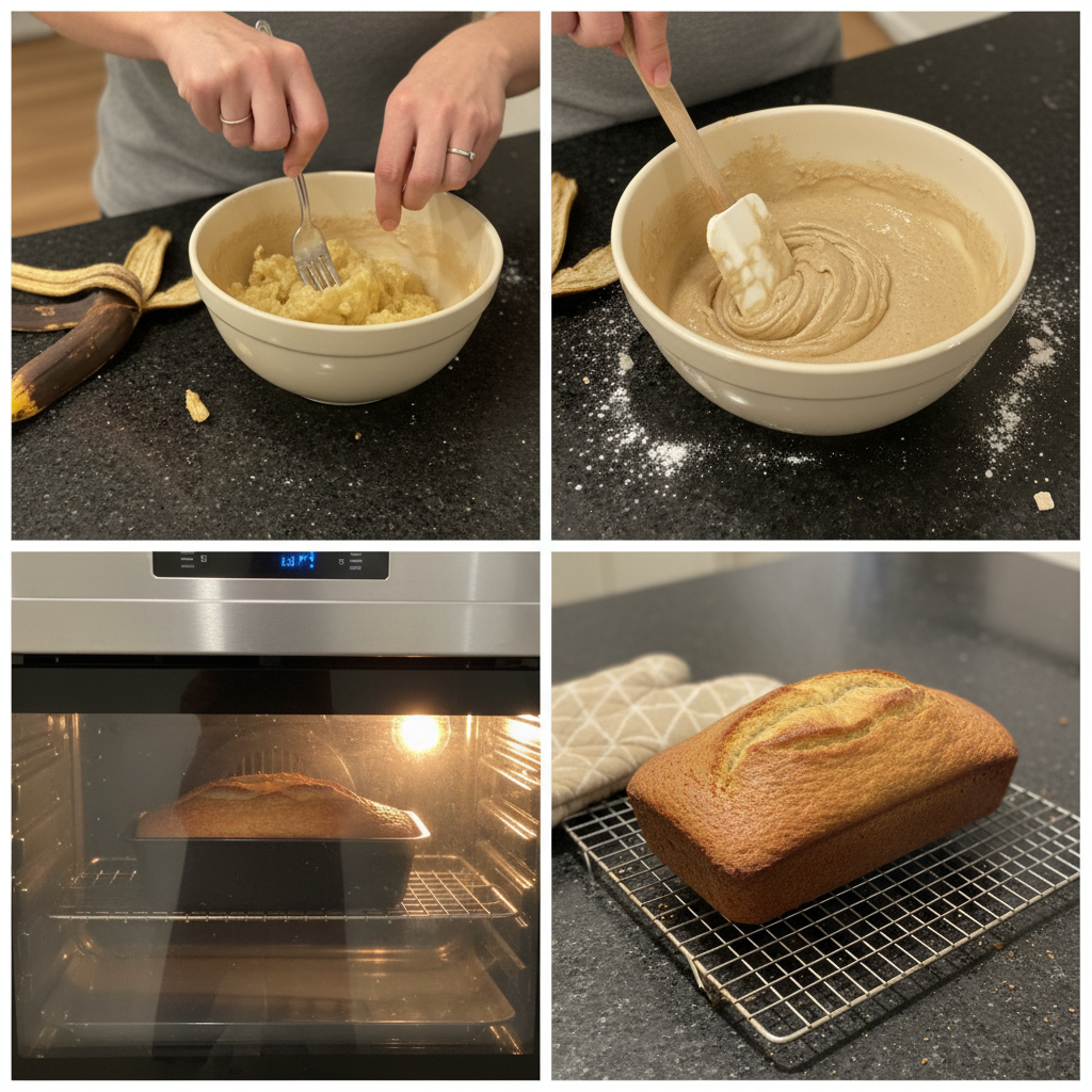 starbucks-banana-bread-copycat-prep-mixing-batter A close-up of mixing the wet and dry ingredients in a large glass bowl for the Starbucks Banana Bread Copycat batter.