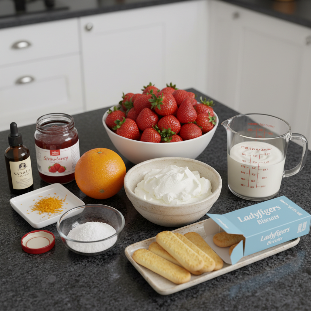 strawberries-and-cream-tiramisu-ingredients Fresh strawberries, mascarpone cheese, ladyfingers, and other ingredients laid out for Strawberries and Cream Tiramisu.