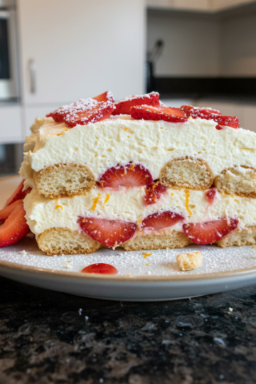 A beautifully layered Strawberries and Cream Tiramisu, topped with fresh berries and a dusting of powdered sugar.
