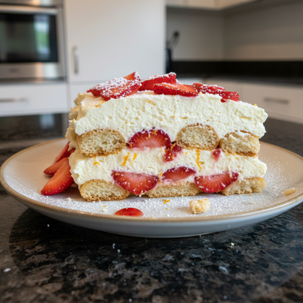 A beautifully layered Strawberries and Cream Tiramisu, topped with fresh berries and a dusting of powdered sugar.