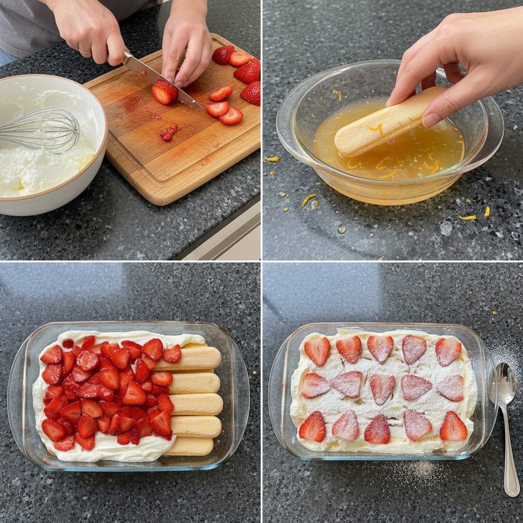 strawberries-and-cream-tiramisu-prep-step Hands assembling layers of ladyfingers, cream, and sliced strawberries for Strawberries and Cream Tiramisu.