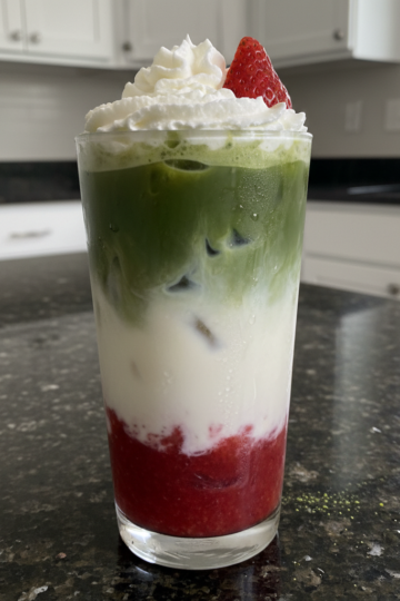 A vibrant green matcha layer beneath a sweet pink strawberry puree, creating a delicious Strawberry Matcha Latte.