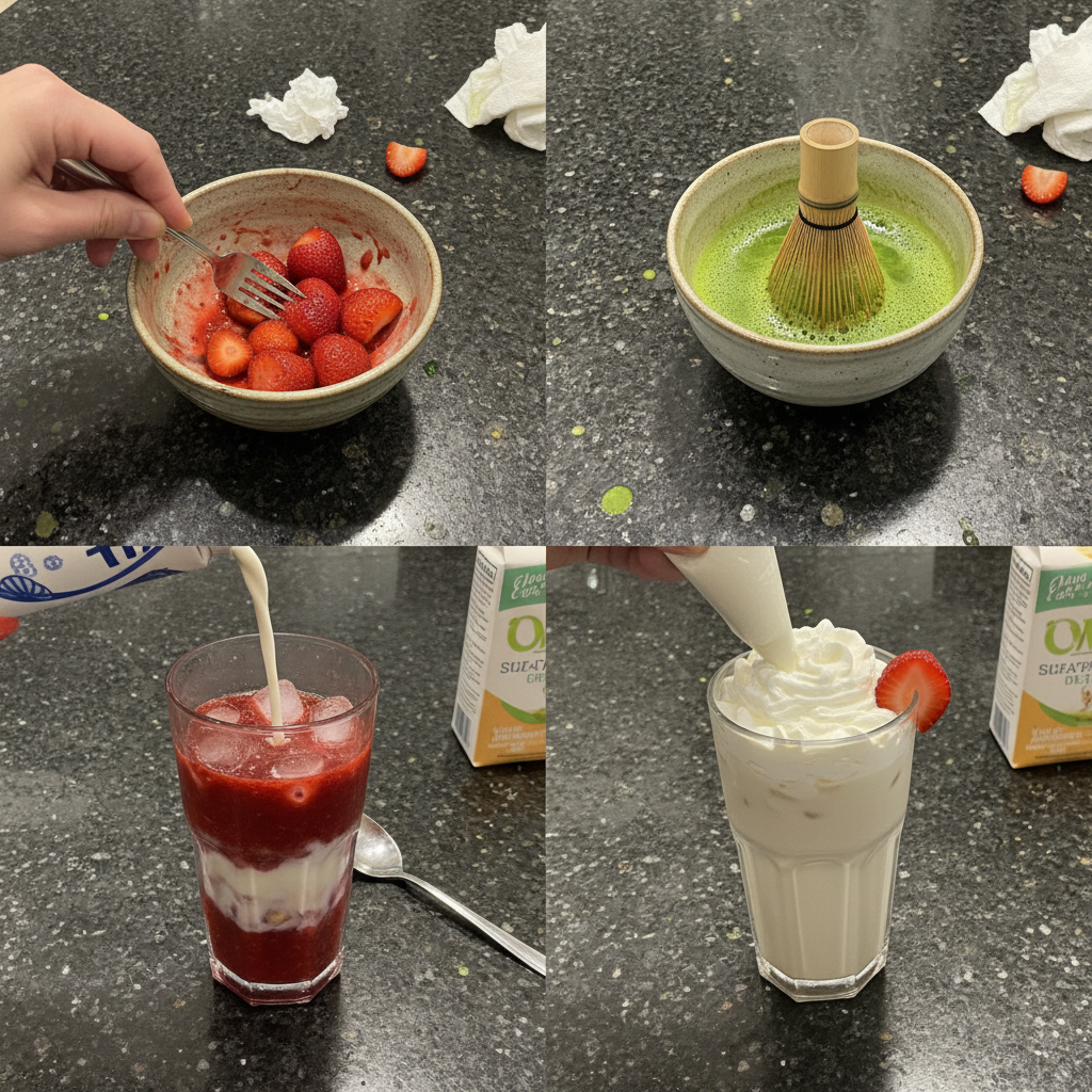 strawberry-matcha-latte-prep-whisking-matcha A hand whisking bright green matcha powder into hot water in a bowl for a Strawberry Matcha Latte.