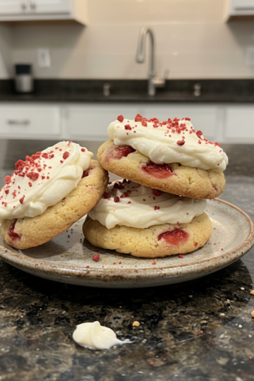 Delicious Strawberry Shortcake Cookies, soft and crumbly with vibrant red strawberries and a sweet glaze.