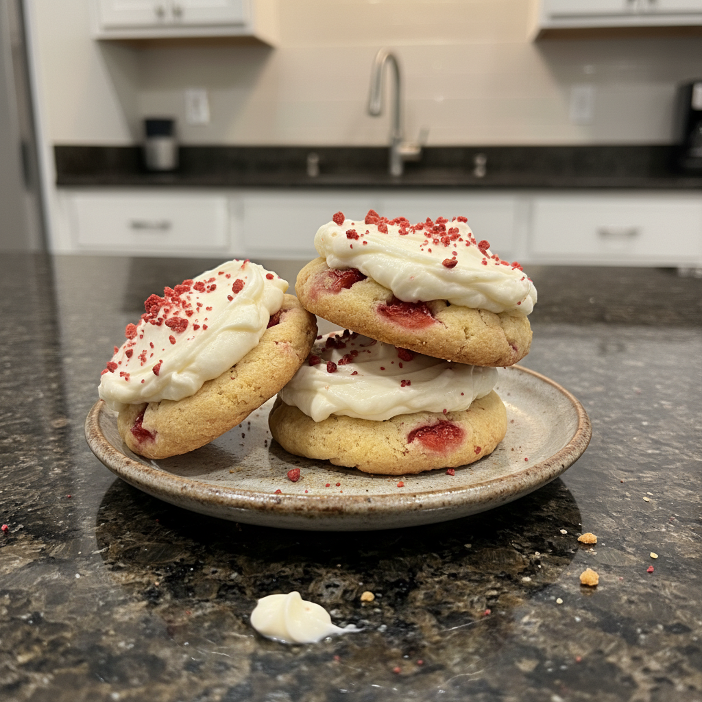 Delicious Strawberry Shortcake Cookies, soft and crumbly with vibrant red strawberries and a sweet glaze.