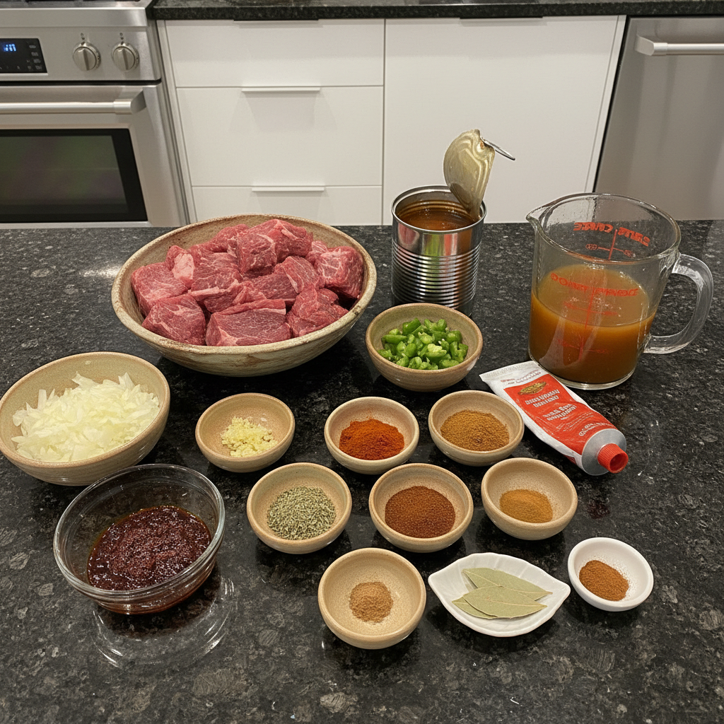 texas-chili-recipe-ingredients Fresh ingredients for a Texas chili recipe, including beef chunks, various chili powders, fresh onions, garlic, and canned tomatoes, on a wooden board.