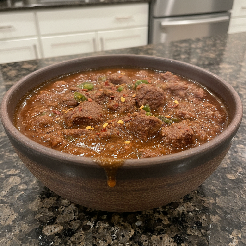 A hearty bowl of Texas chili recipe, rich red, topped with shredded cheddar cheese, sliced jalapeños, and fresh cilantro.
