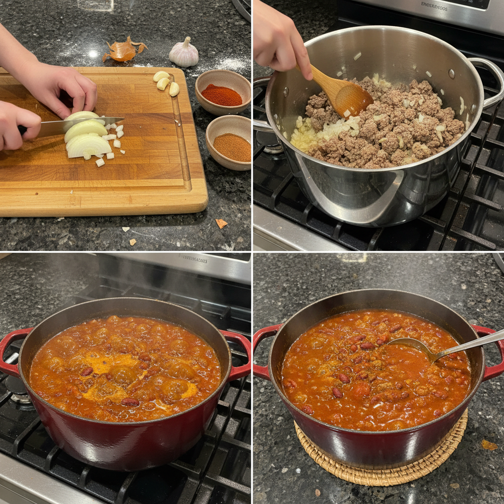 texas-roadhouse-chili-recipe-cooking-prep A large pot simmering with the aromatic Texas Roadhouse chili recipe during the cooking process on a stovetop.