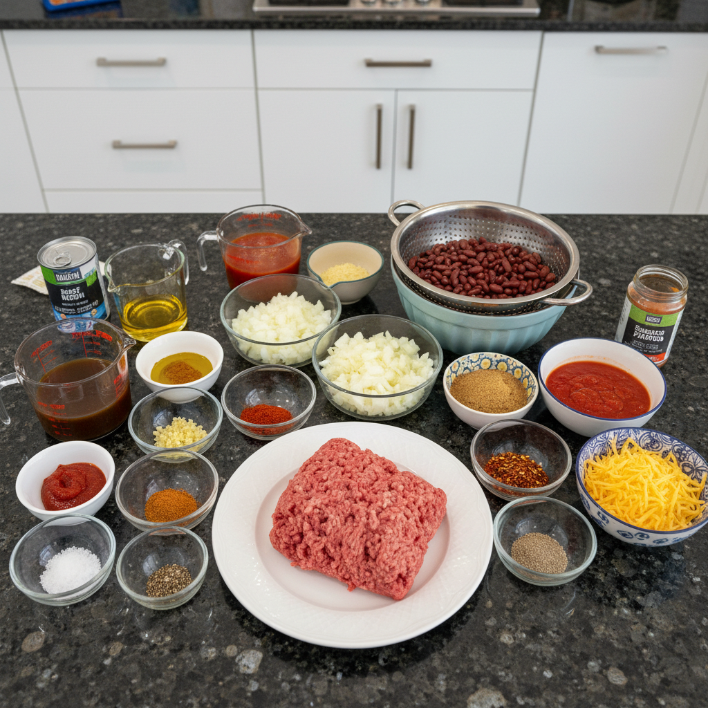 texas-roadhouse-chili-recipe-ingredients Fresh ingredients laid out for a Texas Roadhouse chili recipe, including ground beef, beans, tomatoes, and spices.