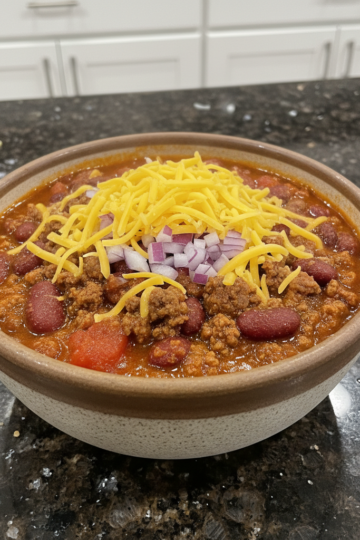 A hearty bowl of Texas Roadhouse chili recipe topped with shredded cheddar cheese and diced red onions.