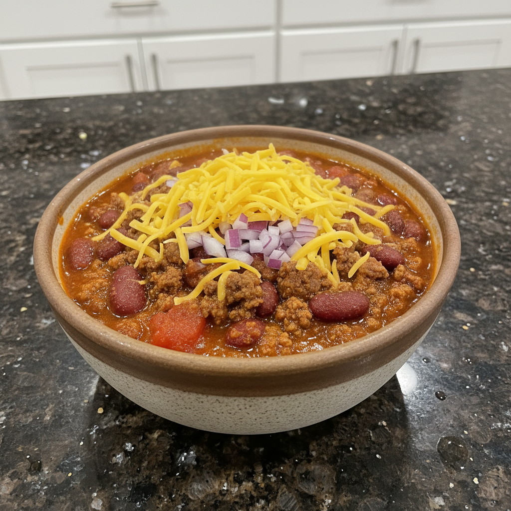 A hearty bowl of Texas Roadhouse chili recipe topped with shredded cheddar cheese and diced red onions.