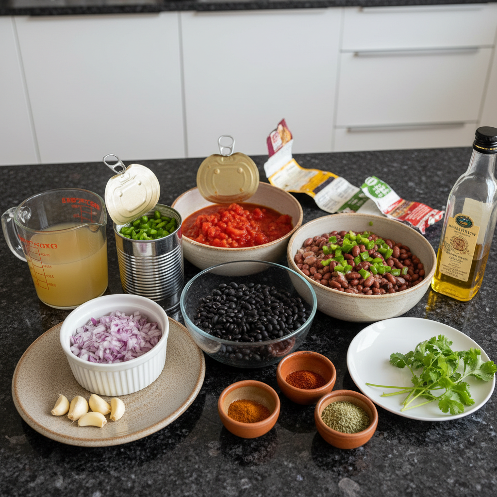 vegan-chili-recipe-ingredients Fresh, colorful ingredients laid out for a vegan chili recipe, including beans, tomatoes, and spices.