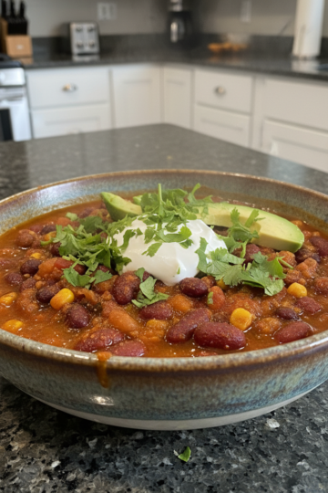 A hearty bowl of vegan chili recipe, garnished with fresh cilantro and a dollop of vegan sour cream.